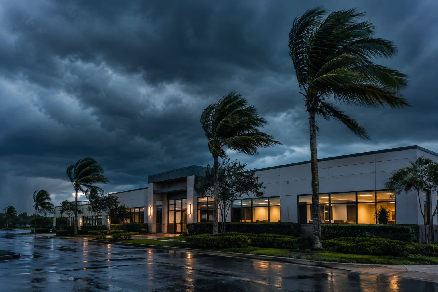 A commercial building lit up at dusk during a storm, with palm trees bending in strong wind and rain-slicked pavement in the foreground