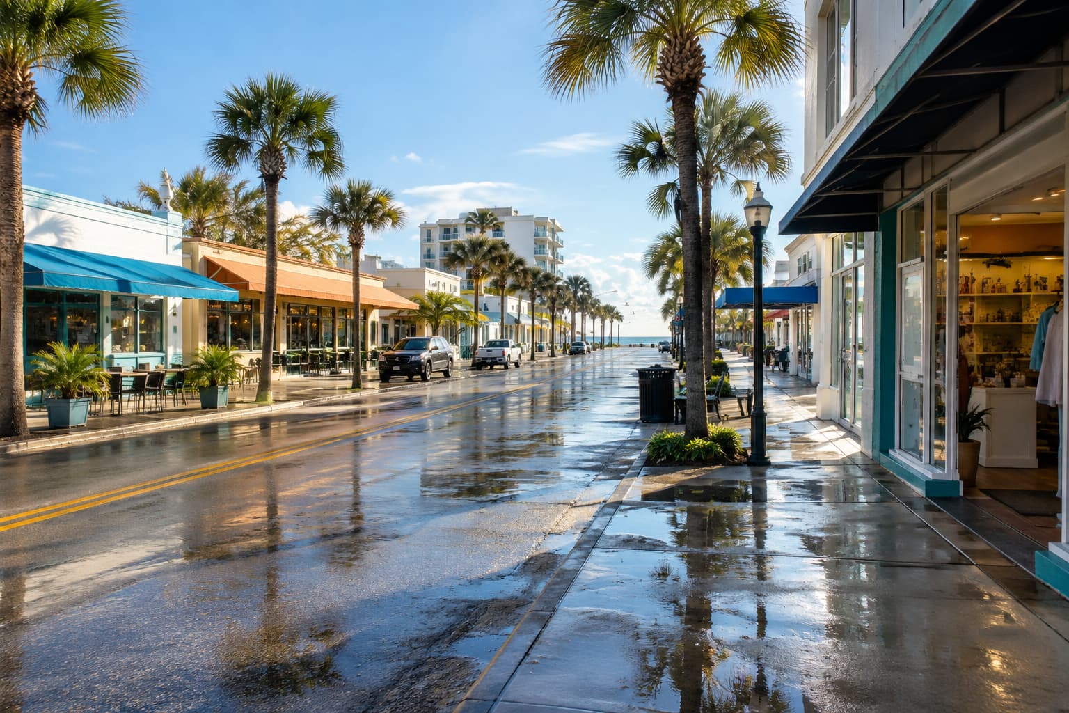 A palm-lined coastal shopping street with rain-slicked pavement reflecting sunlight after a storm has passed
