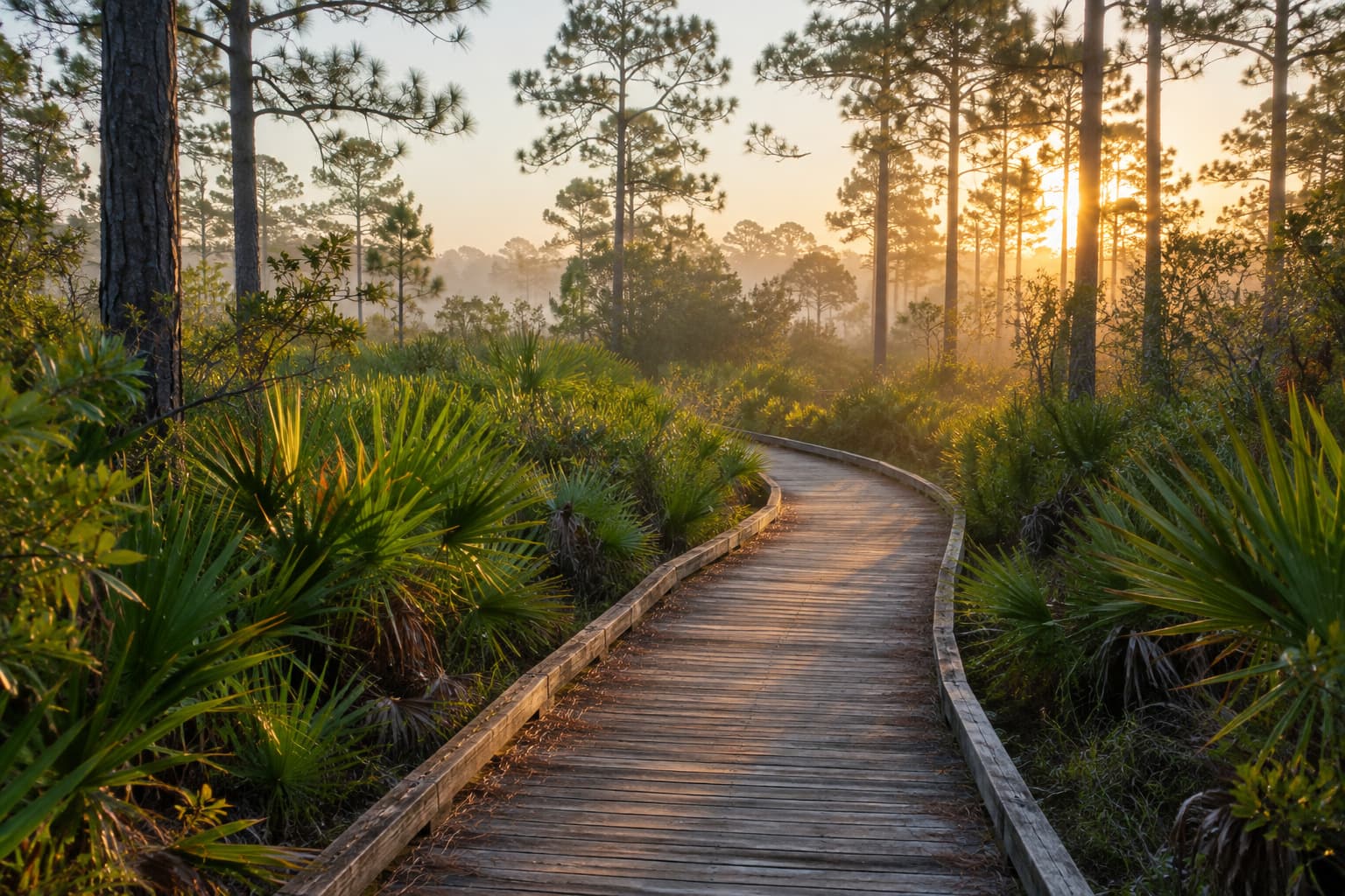 A wooden boardwalk winding through a Florida pine and palmetto forest at sunrise
