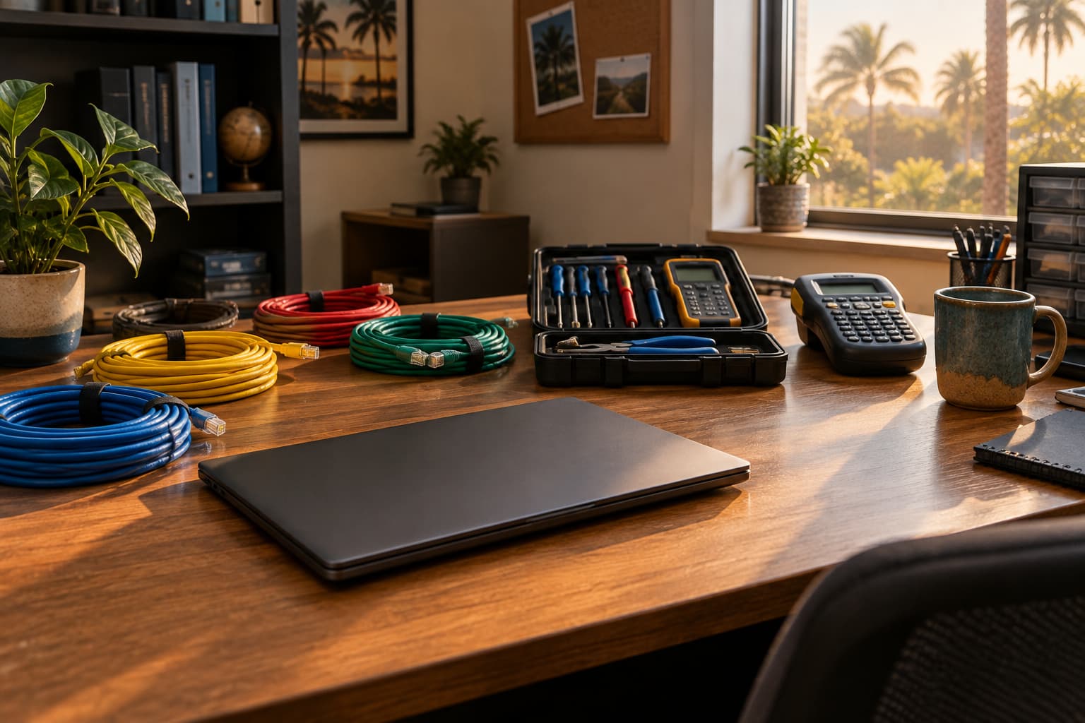 A tech workbench with coiled network cables, a networking toolkit, and a laptop, with palm trees visible through the window