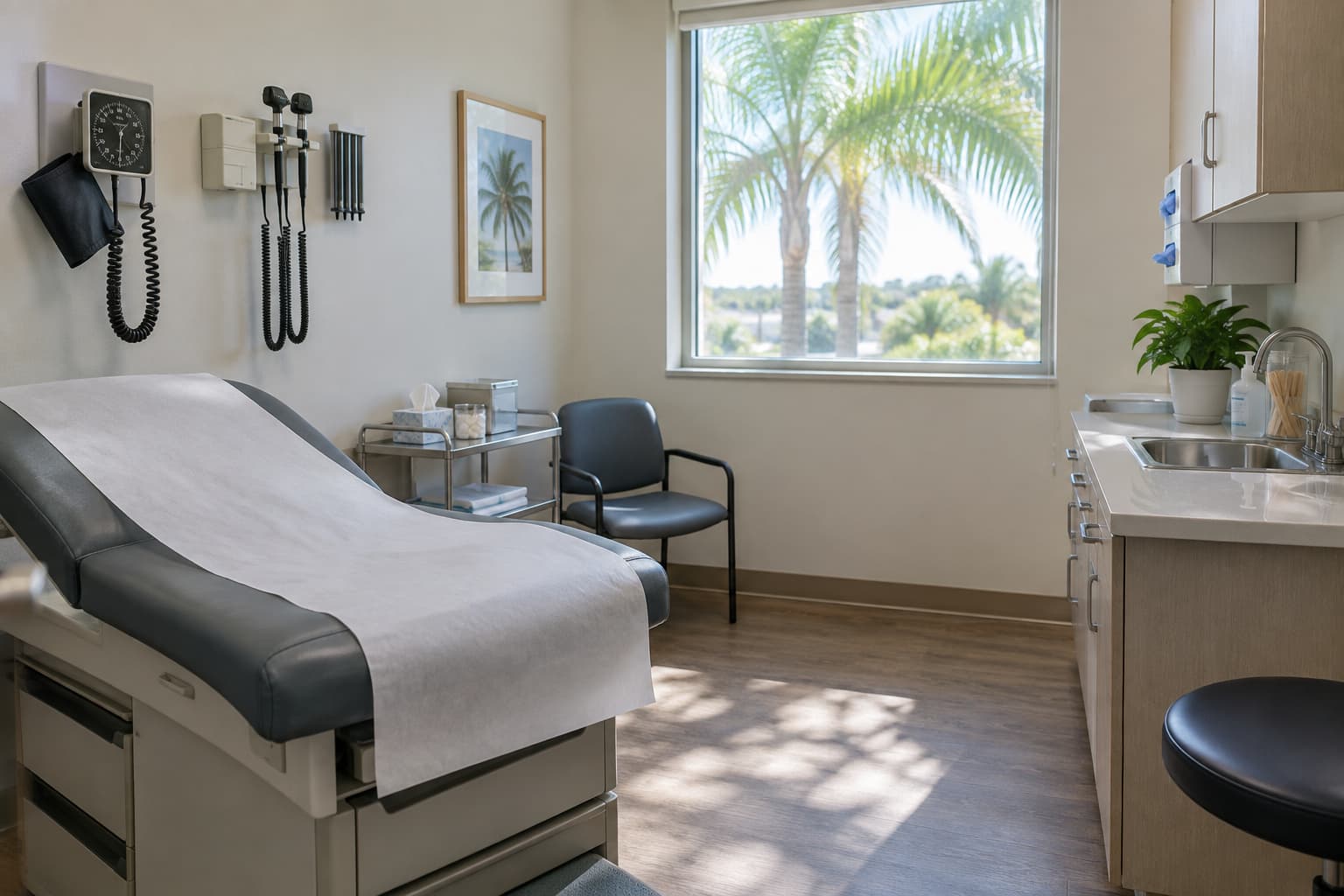 An empty medical exam room with a patient table, exam equipment, and a window overlooking palm trees