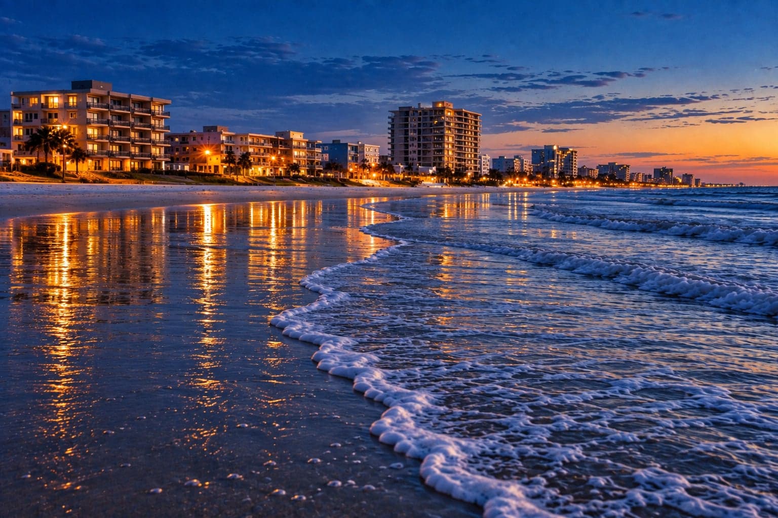 Daytona Beach coastline at sunset with the shoreline and hotels reflected in the wet sand