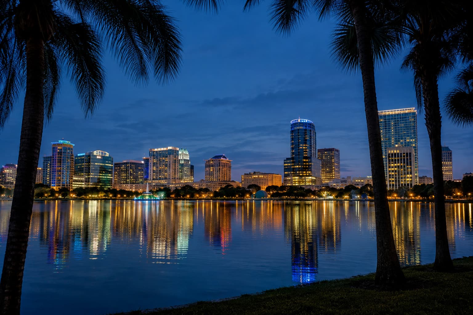 Downtown Orlando skyline at night reflected in Lake Eola, framed by palm trees