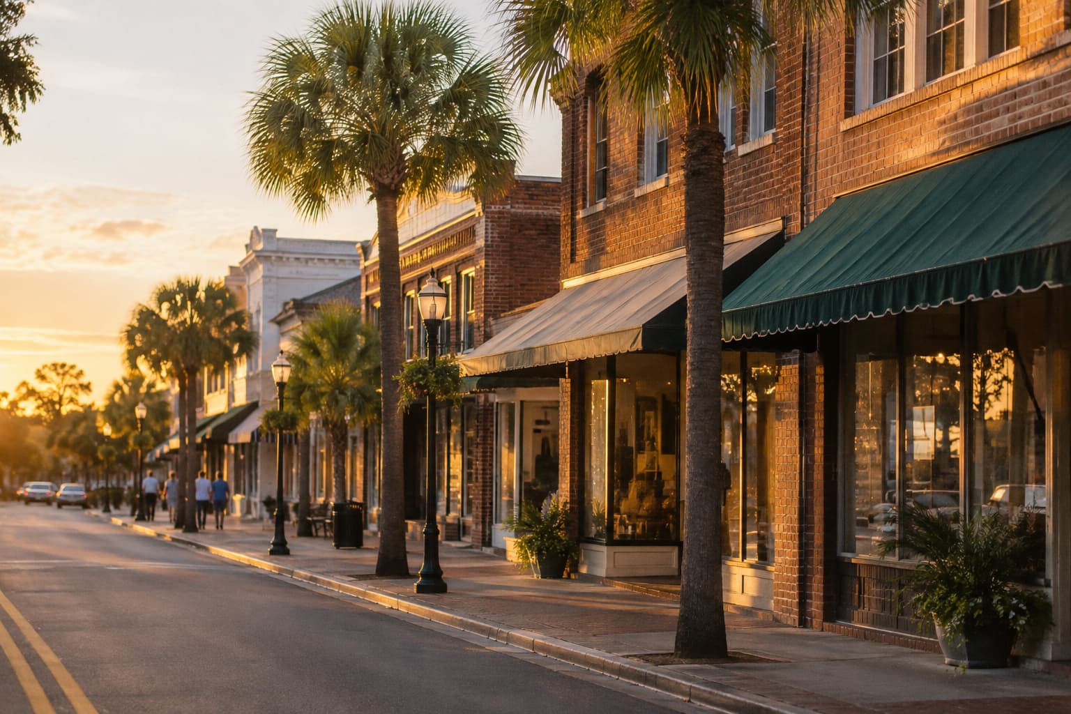 A historic downtown street lined with brick storefronts and palm trees at sunset