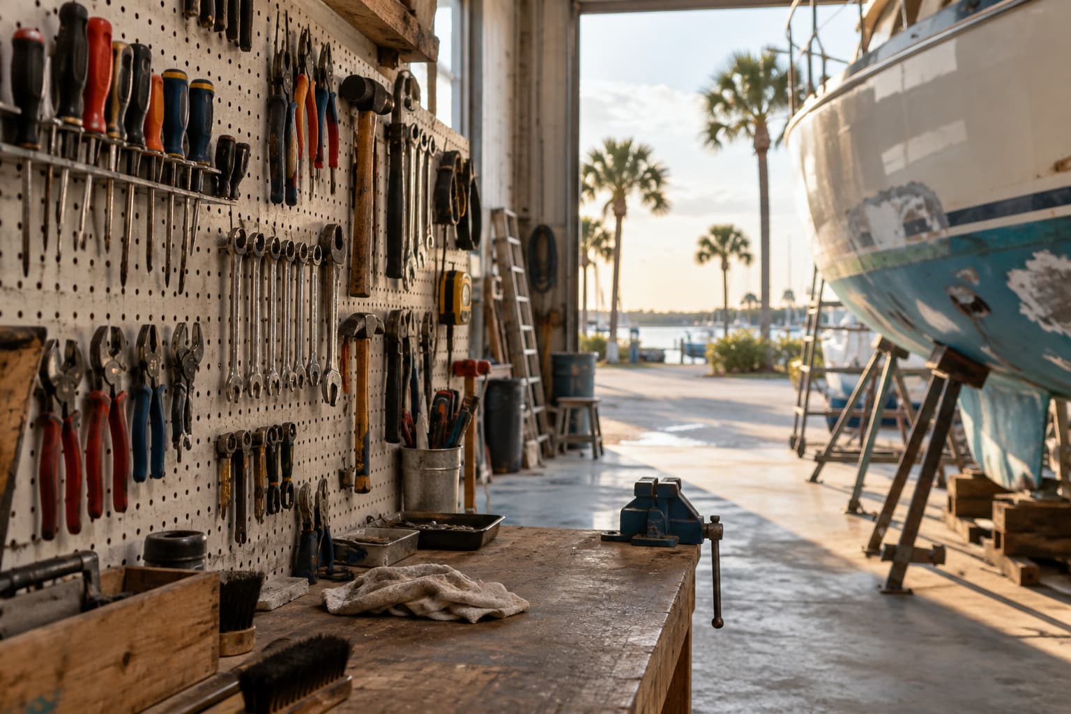 A pegboard wall of neatly organized hand tools beside a workbench, with a sailboat under repair and palm trees visible through the open garage door